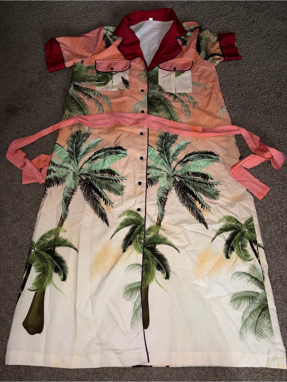 SHEIN Coral Pink & Green Palm-Print Midi Shirt Dress
